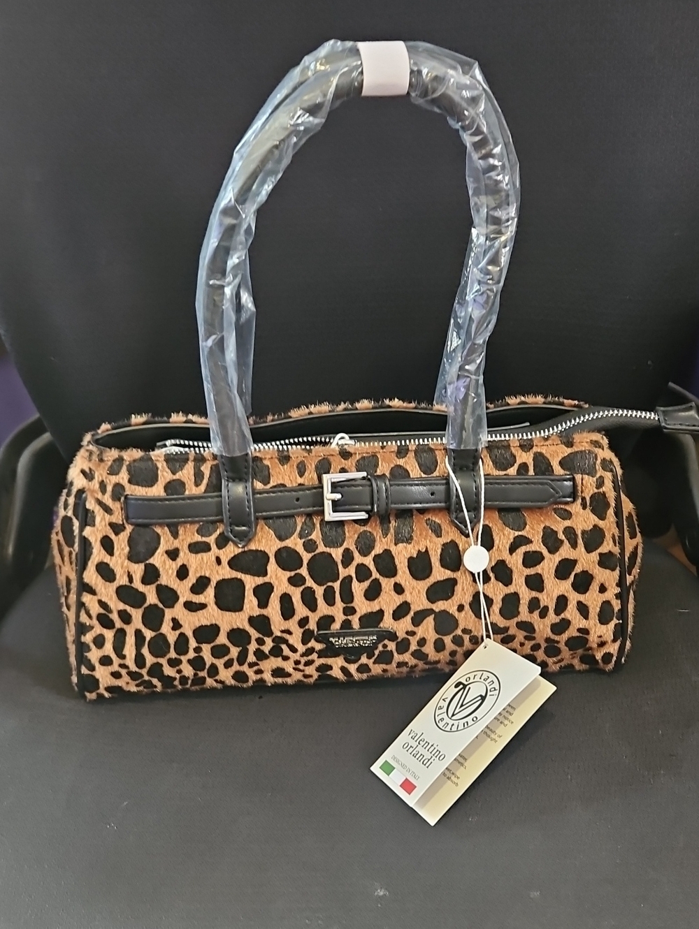 Leopard Print Barrel Satchel Handbag - Black Trim